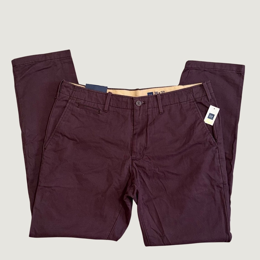 Gap Lived-In Slim Chino Pants Mens 36x32 Burgundy Maroon Low Rise NWT Academia